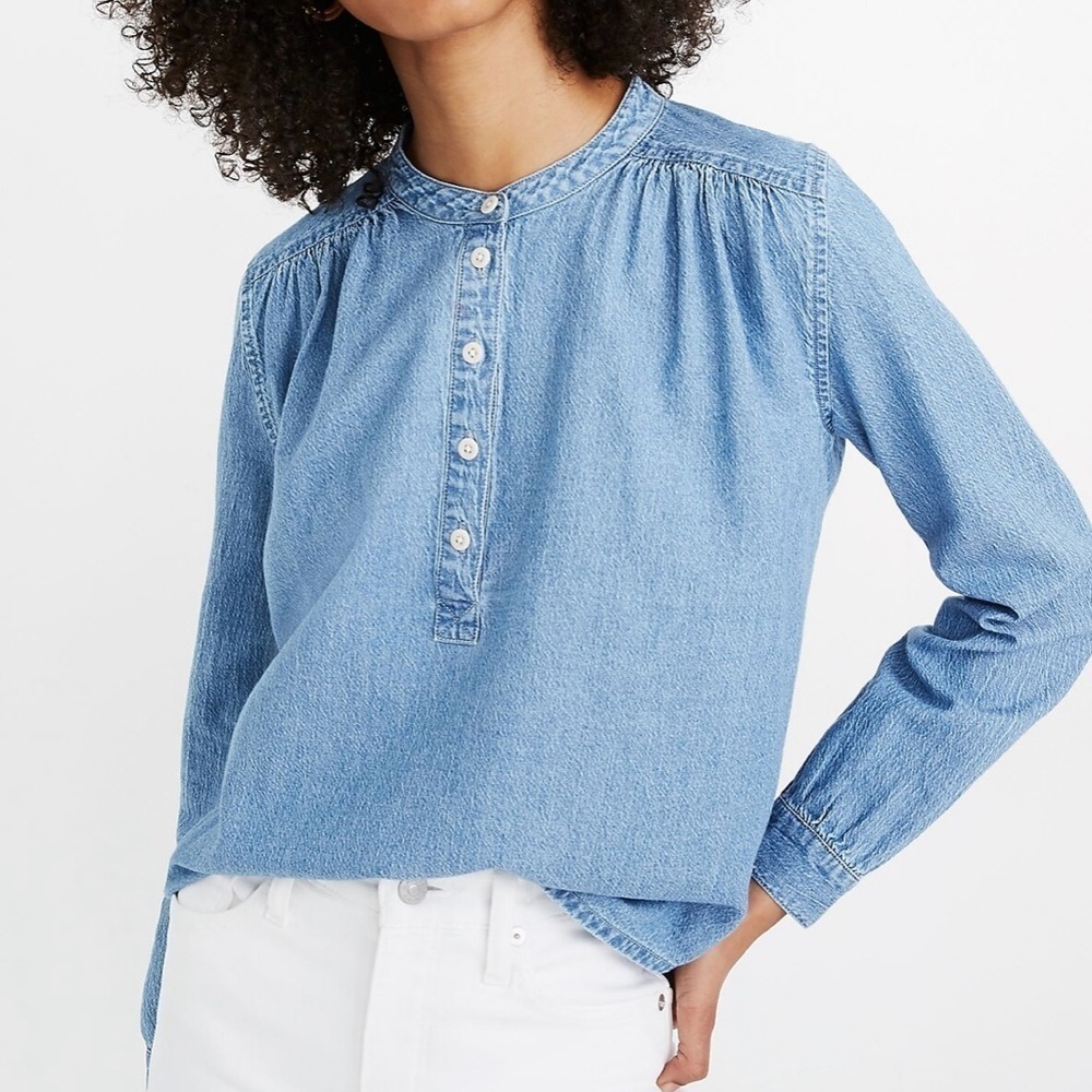 Madewell Denim Shirred Popover Top,‎ Shirt Women’s Size XXS